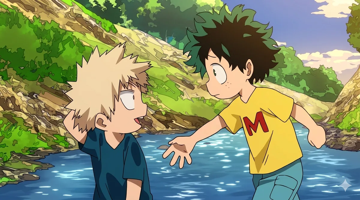 Young Bakugo and Midoriya by the river — before quirks, before rivalry, before any of it