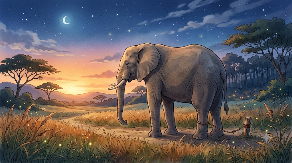 A grown elephant that could snap the rope without noticing, standing right next to the little peg it decided, years ago, it couldn't beat.