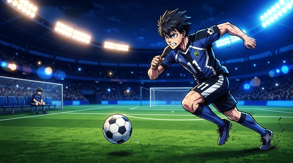 One player sprinting into the empty spot the ball is about to land in, while a lone figure watches from the bench.